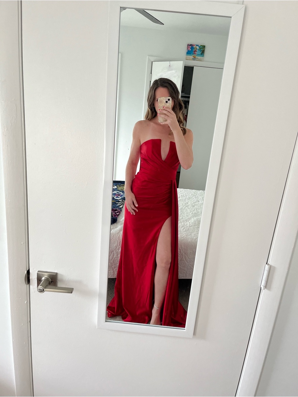 Strapless Red Prom Dress with Thigh Slit
